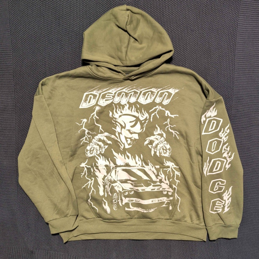 Dodge Demon Hoodie Mens 4XL Olive Green Graphic Muscle Car Streetwear Sweatshirt